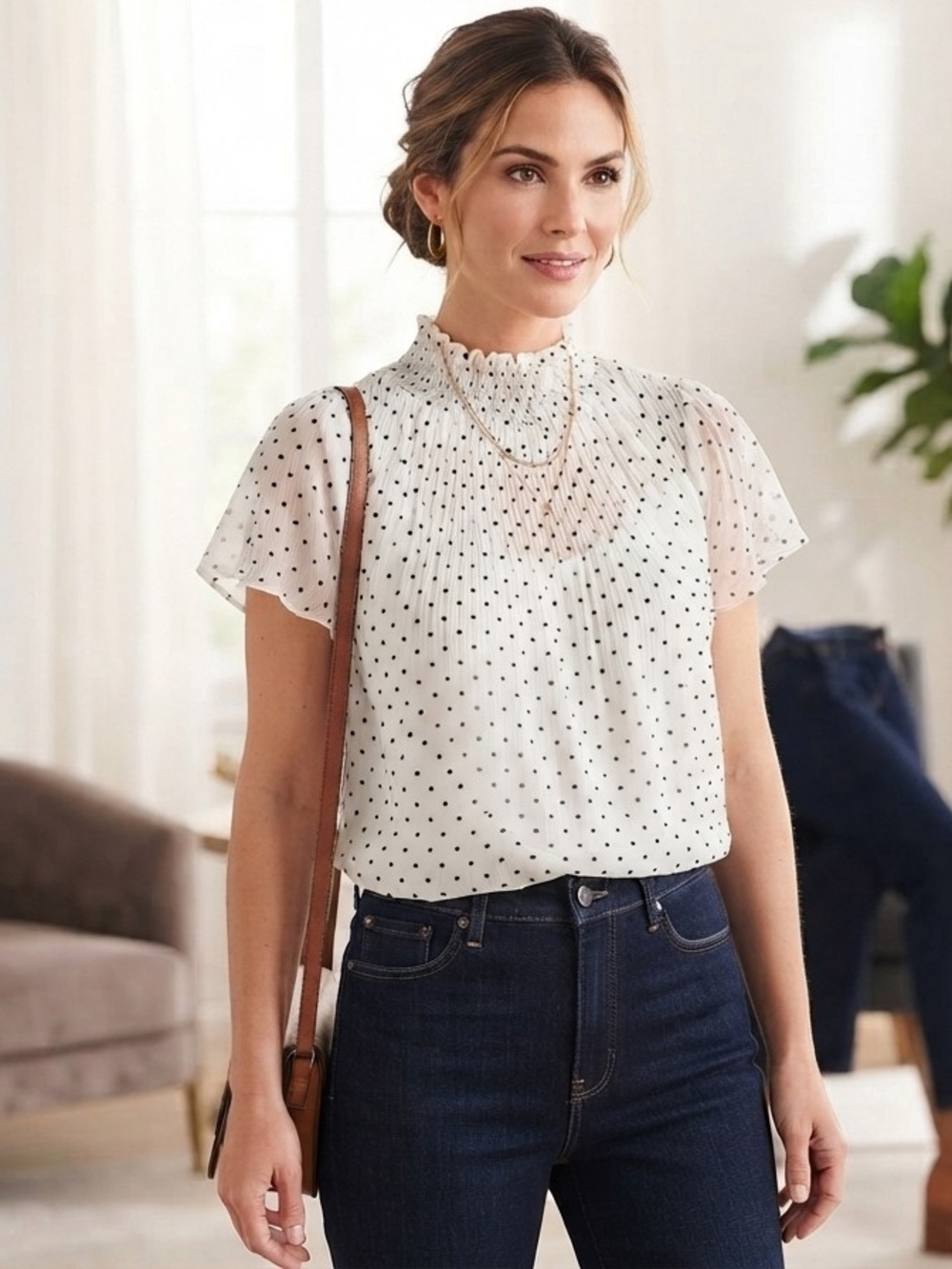 LOFT White Polka Dot Smocked High-Neck Blouse
